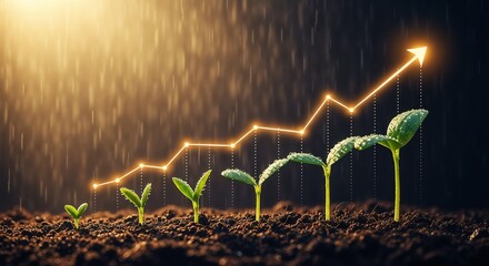 A series of plant saplings in progressive stages of growth from the soil, with a glowing line graph and an upward arrow above them, set against a background of golden light and falling rain, symbolizi