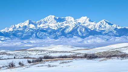 Fototapeta premium Wide winter view of snowy mountains under clear blue sky, bright white peaks rise above open valley with soft light and clean detail.