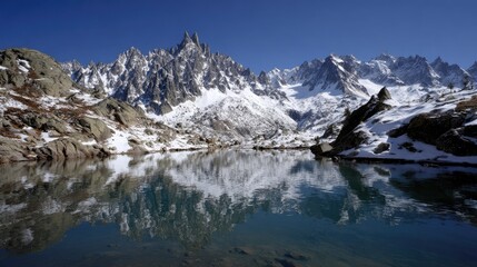 Obraz premium Mountain peaks reflected in a serene alpine lake.