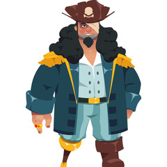 Pixel Art Pirate Captain Character in 8-bit Retro Style with Eyepatch and Wooden Leg Wearing Tricorne Hat with Skull Emblem and Blue Coat with Gold Epaulets