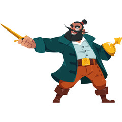 Pixel Art Pirate Character Holding Sword and Trophy With a Monocle and Beard in a Teal Coat and Orange Pants