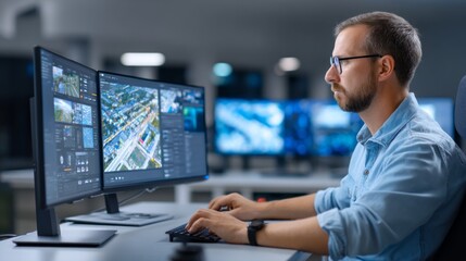 In a modern workspace, a digital twin specialist focuses on designing advanced AI applications. Multiple screens display data analytics and simulations, showcasing smart technology concepts