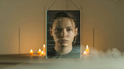 Haunted mirror reflecting glitching face, neon edges, dark minimalist composition
