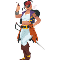 Pixel Art Pirate Woman Smoking a Pipe Holding a Sword Wearing an Eye Patch and Bandana with a Purple Vest and White Top and Pants on a Transparent Background