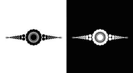 A symmetrical black and white graphic design featuring a central circular motif with radiating decorative elements on both sides, presented in negative and positive forms.