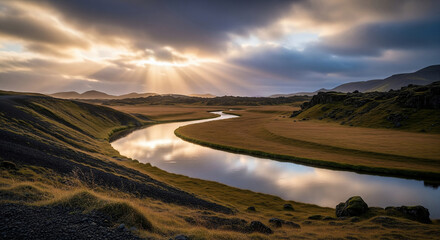 Dramatic 8K Landscape: Volumetric Light Rays Over Iceland