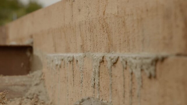Wooden formwork holds wet concrete in place as it dries in a house construction site. It's a crucial step ensuring the structure's strength and stability.