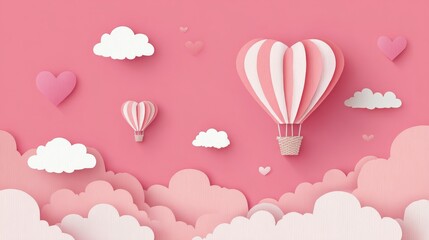 Vector pink background with white clouds and heart-shaped hot air balloon, paper-cut style