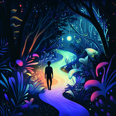 Magical Forest Path with Glowing Lights, "Magical Glowing Forest Path", "Enchanted Forest with Glowing Lights", "Mystical Forest Trail with Light", "Magical Night Path in Glowing Forest", "Magical Pat
