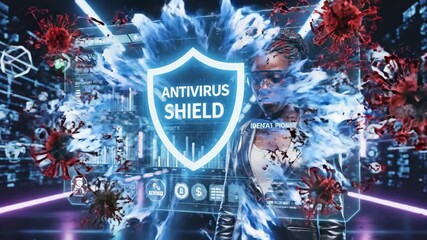 Woman in the metaverse fights a cyberattack with antivirus software. A futuristic shield protects a holographic interface from a digital virus. Cybersecurity concept - Powered by Adobe