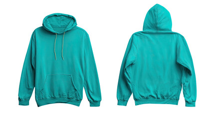 Teal hoodie, front and back view