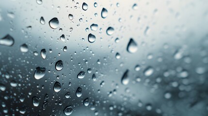 Numerous liquid droplets adhere to a transparent surface during inclement weather