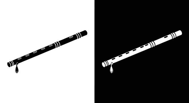 A simple black and white icon set of a traditional Indian bansuri flute with a single teardrop.