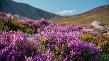 Vibrant purple wildflowers blooming in a mountainous landscape under a clear blue sky