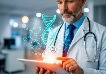 Futuristic Medical Innovation Concept — Male Doctor Using Tablet with Holographic DNA Helix and Molecular Interface in Modern Laboratory Setting