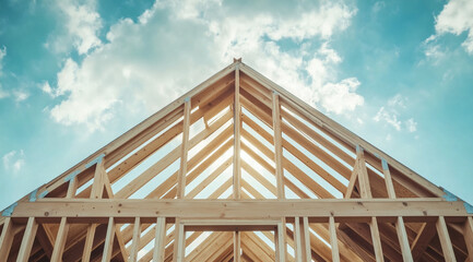 Fototapeta premium Wooden house frame stands under blue sky with sunlight shining through, highlighting construction progress and natural materials.