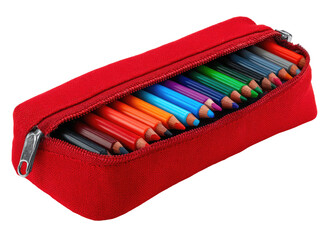 Red pencil case, open, filled with colored pencils (1)