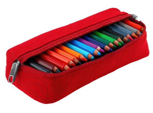 Red pencil case, open, filled with colored pencils (1)