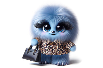 Cute little fluffy monster with a modern leopard outfit, handbag, and nail polish on its claws. Symbolic image for fashion and beauty. In front of a white background.