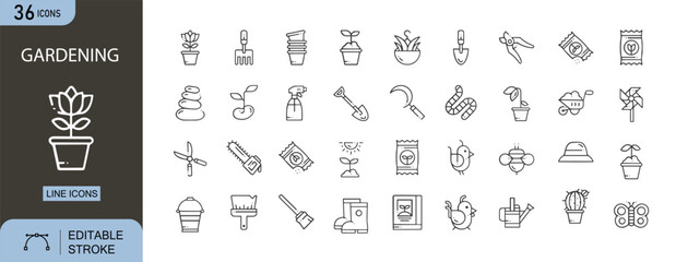Gardening icons set. Includes icons for plant, flower, watering can, shovel, pot, tree, seeds, gloves, lawn mower, and sunlight. Editable stroke. Line icons. Perfect for infographics.