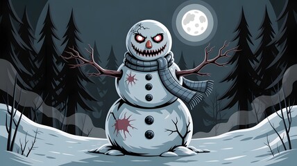 Spooky snowman illustration, evil red eyes, sharp teeth, sinister winter forest, full moon night, Halloween cartoon art, gothic fantasy, scary monster character, dark background, holiday terror.