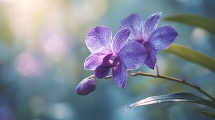 Delicate purple orchid blossoms display soft illumination against a blurred outdoor background.