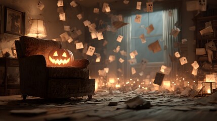 Cozy Indoor Halloween Pumpkin on Chair with Flying Ghost Notes Scene