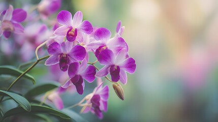 Cluster of vibrant purple orchid blossoms displays soft focus background