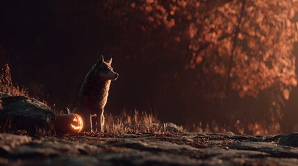 Detailed Realistic Wolf with Glowing Pumpkin Sitting in Autumn Landscape