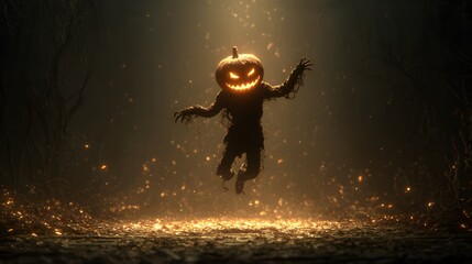 Eerie Floating Pumpkin Scarecrow Creature Figure In The Dark Halloween Season