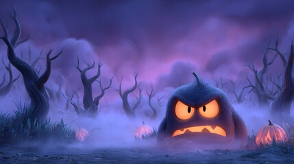 Cartoonish Fluffy Monster in Dark Forest Halloween Scene Illustration
