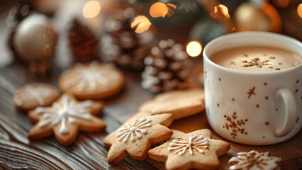 Festive gingerbread cookies and cup of coffee on  blurred background of festively decorated Christmas tree lights. Homemade Christmas cookies. Close-up.