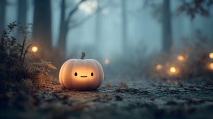 Cute Cartoon Pumpkin Glowing Face in Misty Forest at Night