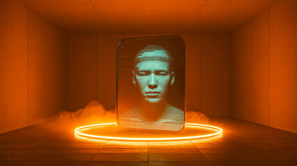 Haunted mirror reflecting glitching face, neon edges, dark minimalist composition
