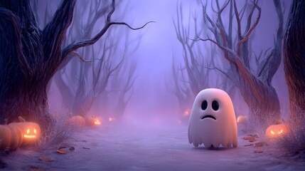 Cartoonish Minimalist Cute Ghost in Spooky Halloween Forest Background Scene