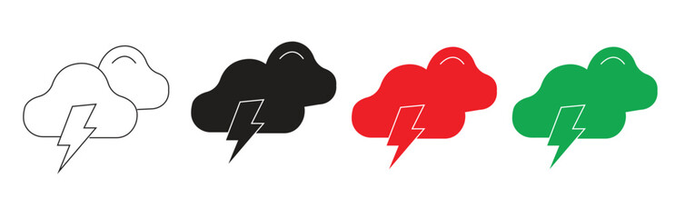 Vector art of a collection of four cloud icons with lightning bolts, including outline, black, red, and green versions