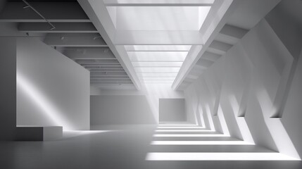 Naklejka premium Abstract Architecture: Light and Shadow Play in a Modern Hallway with Geometric Shapes and Strong Contrasts