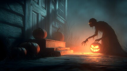 Creepy Monster Holding a Glowing Pumpkin at Spooky Halloween Night Scene