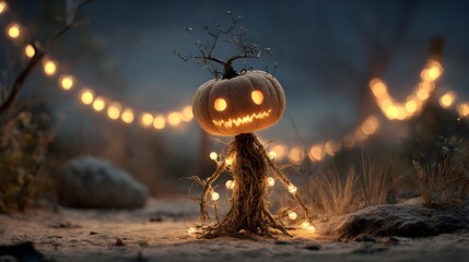 Spooky Halloween Night Pumpkin Person with String Lights Decoration