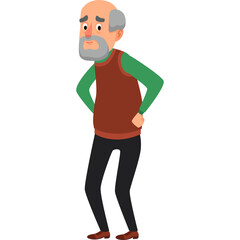 Elderly Man With Gray Hair And Beard Wearing A Green Shirt And Brown Vest Black Pants And Brown Shoes Standing With Hands On Hips And Sad Expression Isolated On Transparent Background