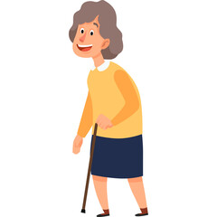 Elderly Woman Smiling and Holding a Cane With a Yellow Sweater and Blue Skirt On A Transparent Background