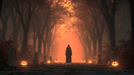 Eerie and Mystical Halloween Night Scene with Grim Reaper and Pumpkins