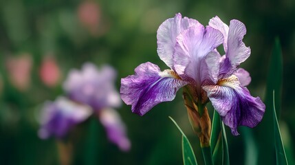 Obraz premium Detailed close up captures the intricate beauty of a blooming purple iris flower outdoors