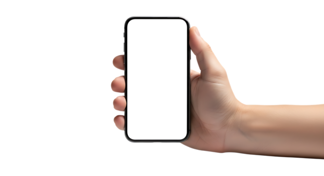 A person's hand holding a modern smartphone with a blank white screen, isolated on white.