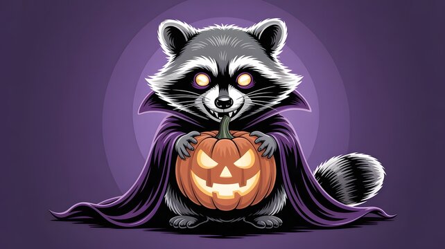 Spooky Halloween raccoon vampire cartoon illustration, glowing eyes, holding carved pumpkin, dark purple background, festive autumn, cute spooky character, t-shirt design, holiday graphic