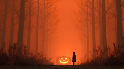 Atmospheric Digital Halloween Scene Featuring Child and Glowing Pumpkin