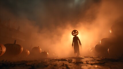 Dramatic Spooky Pumpkin Head Creature Surrounded by Pumpkins on Halloween Night