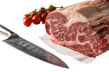 Raw beef roast with cherry tomatoes and knife isolated on white isolated on transparent background