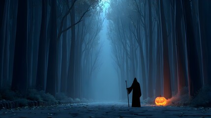 Eerie Digital Forest Halloween Scene with Grim Reaper and Pumpkin