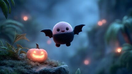 Whimsical Fluffy Bat Character with Pumpkin Halloween Night Landscape Scene